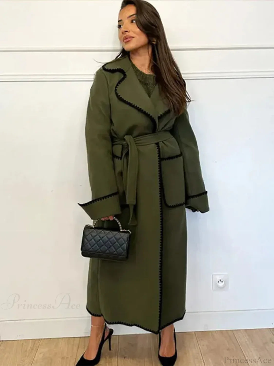 Vintage Patchwork Belted Wool Overcoat Green / S