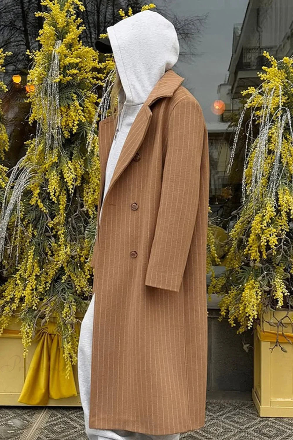 Vintage Pinstripe Notched Collar Wool Blend Overcoat