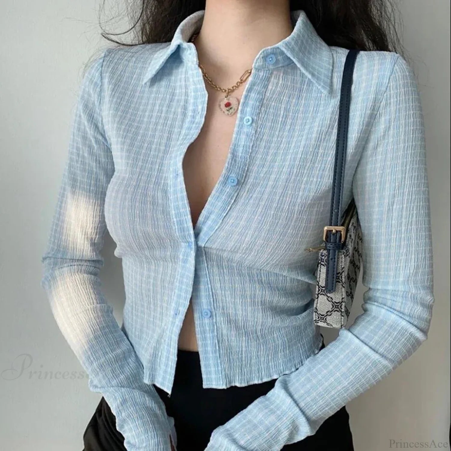 Vintage Plaid Long Sleeve Blouse Blue / M blouse-250223