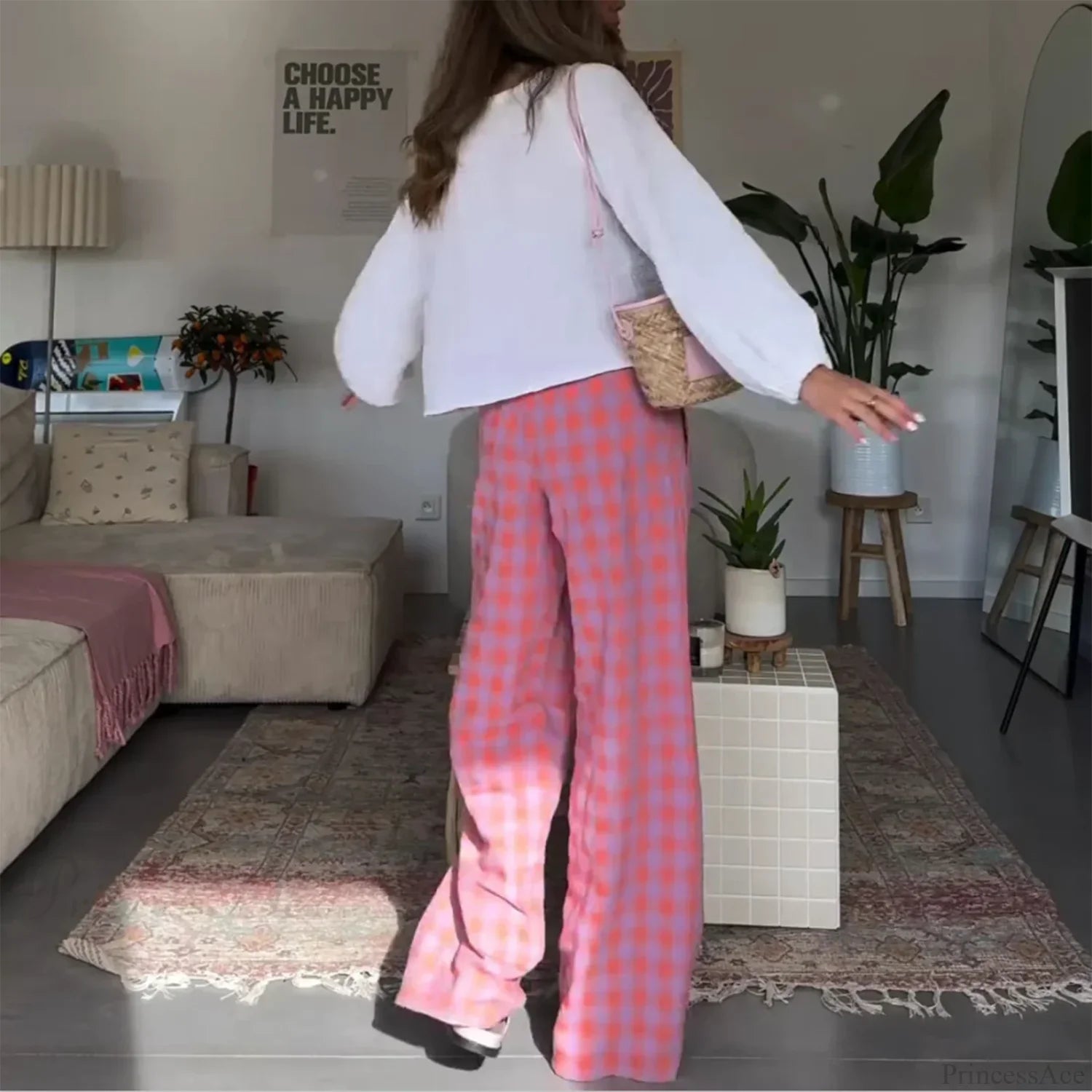 Vintage Plaid Loose Wide Leg Boho Palazzo Pant pant-250223