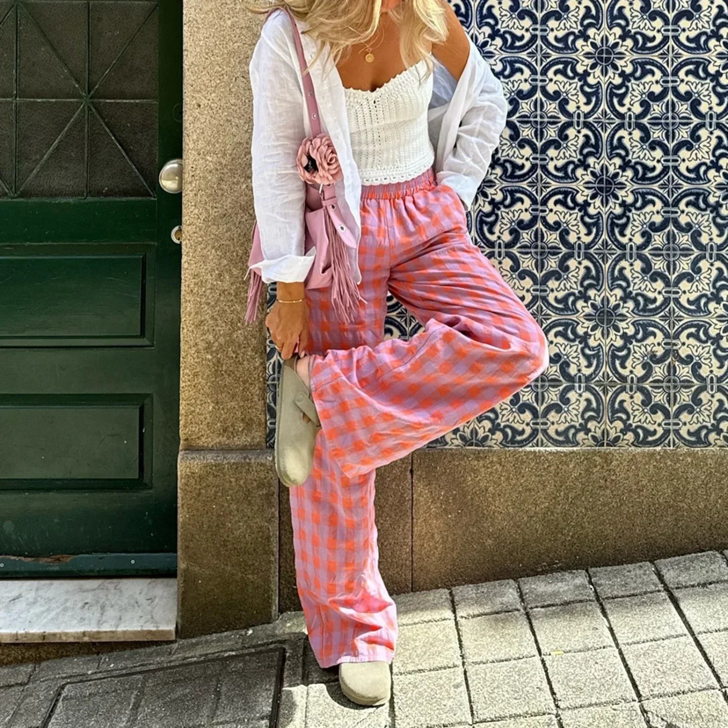 Vintage Plaid Loose Wide Leg Boho Palazzo Pant pant-250223