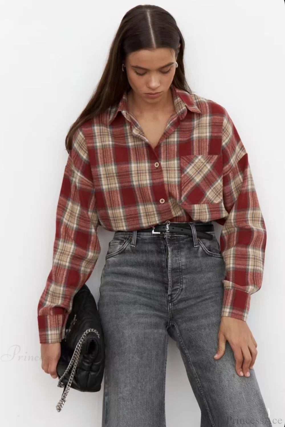 Vintage Plaid Pocket Long Sleeve Collared Blouse