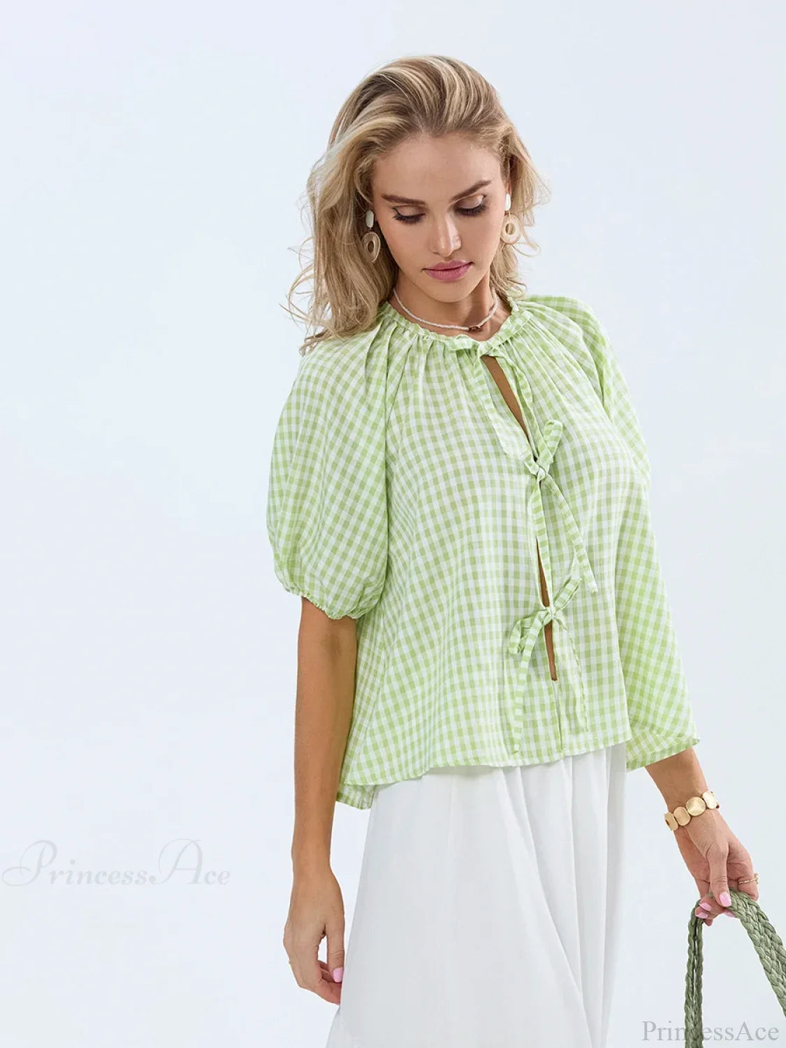 Vintage Plaid Tie-Up Blouse blouse-250223