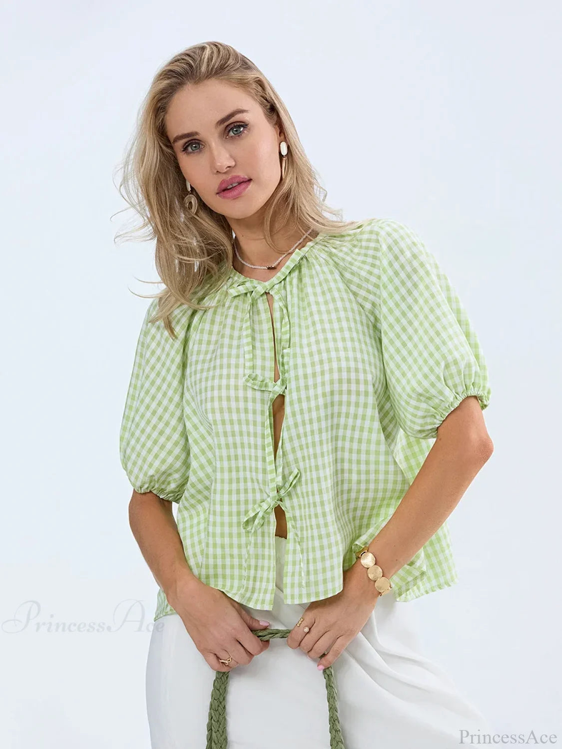 Vintage Plaid Tie-Up Blouse blouse-250223