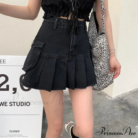 Vintage Pleated Black Y2K Gothic Patchwork A-Line Skirt