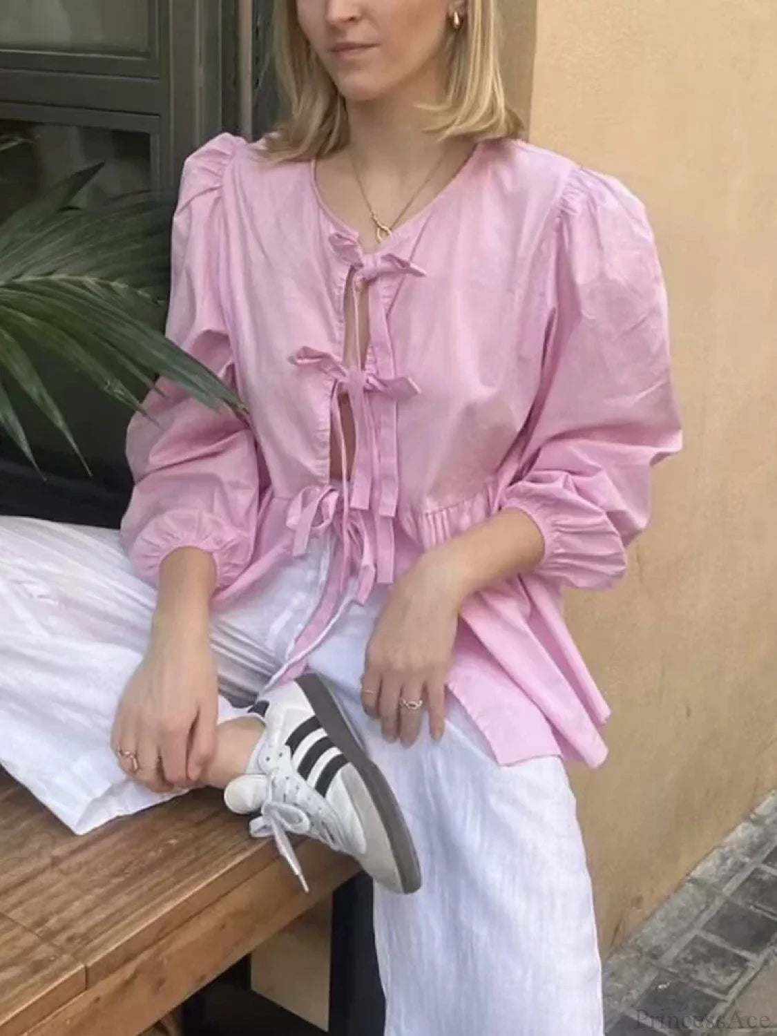 Vintage Puff Sleeve Bow Button Blouse Pink / S blouse-250223