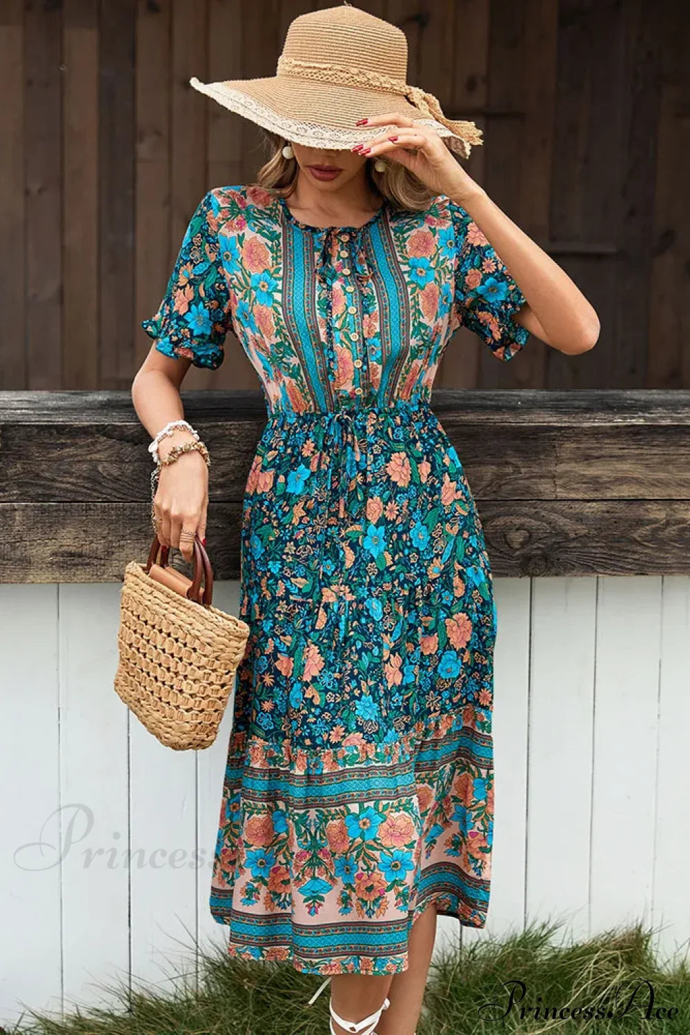 Vintage Round Neck A-Line Boho Dress