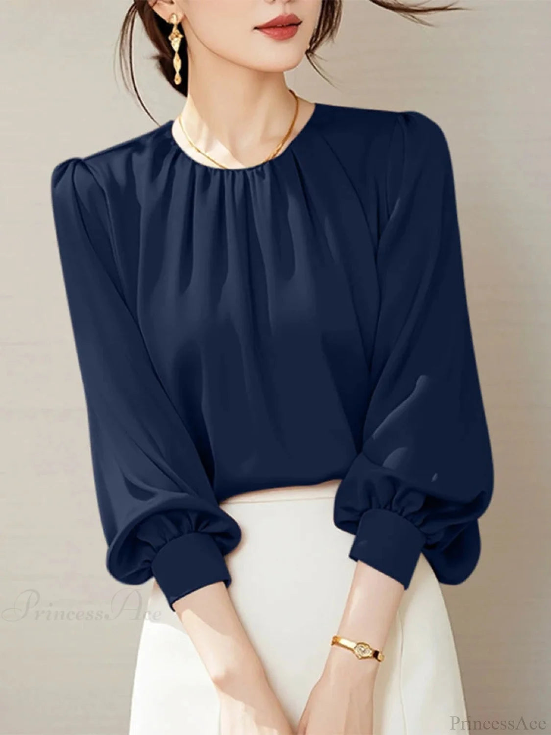 Vintage Satin Pleating Blouse Casual Office Blouse Dark Blue / S blouse-250126