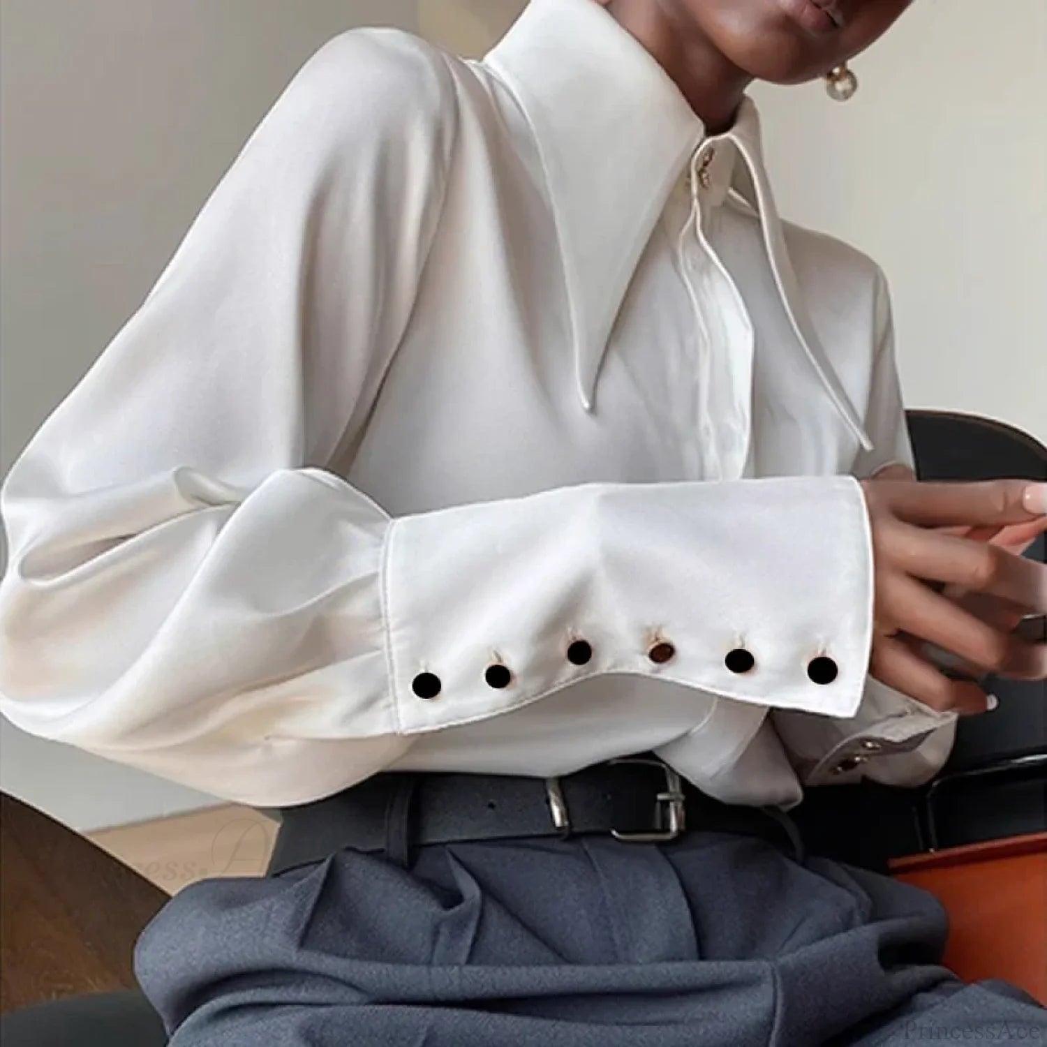 Vintage Satin Silk Turn Down Collar Blouse blouse-250126