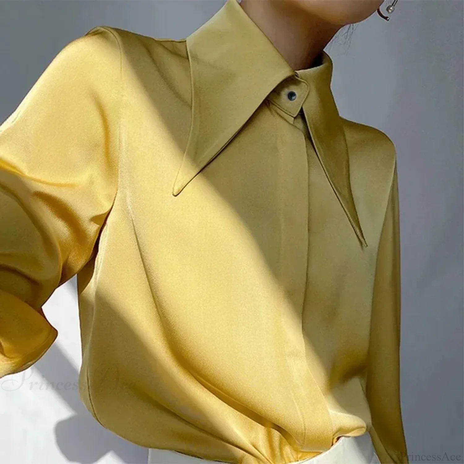 Vintage Satin Silk Turn Down Collar Blouse Yellow / S blouse-250126