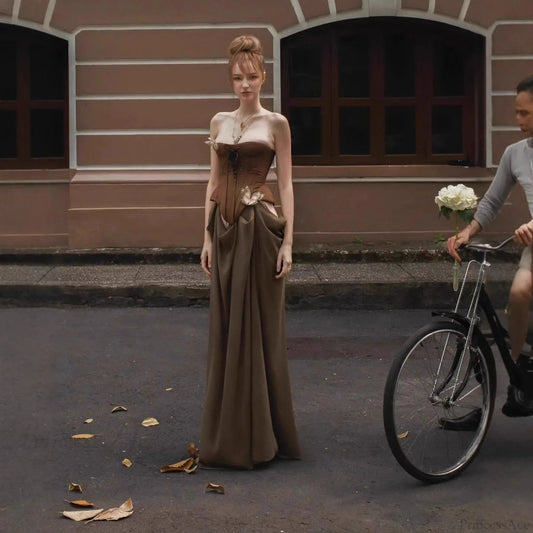 Vintage Sexy Boned Waist Strapless Prom Dress brown / XS promdress-250223