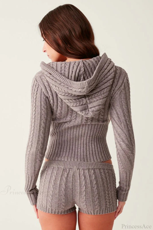 Vintage Sexy Knit Hooded Long Sleeve Cropped Two Piece Set