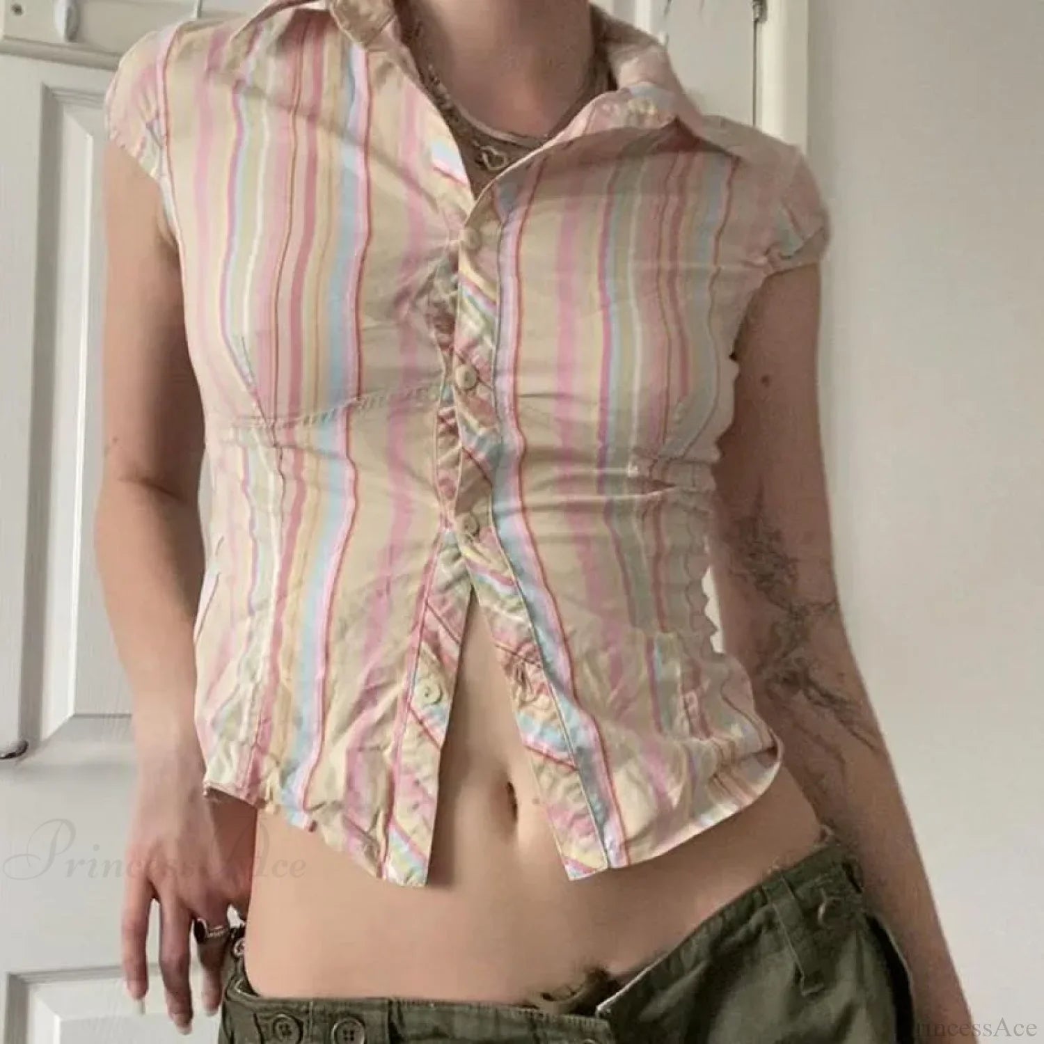 Vintage Stripe Slim Shirt Cardigan Blouse Light Pink / S blouse-250223