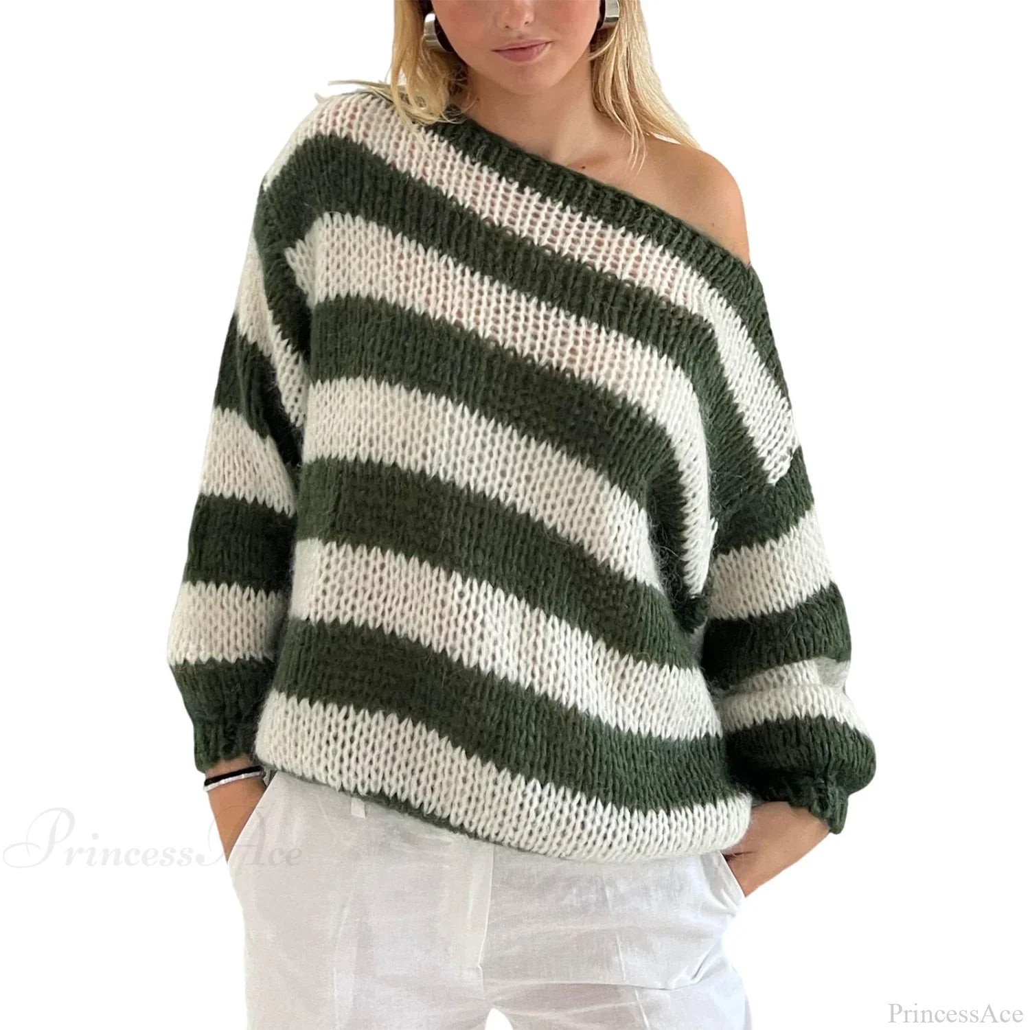 Vintage Striped Boat Neck Sweater army green / S