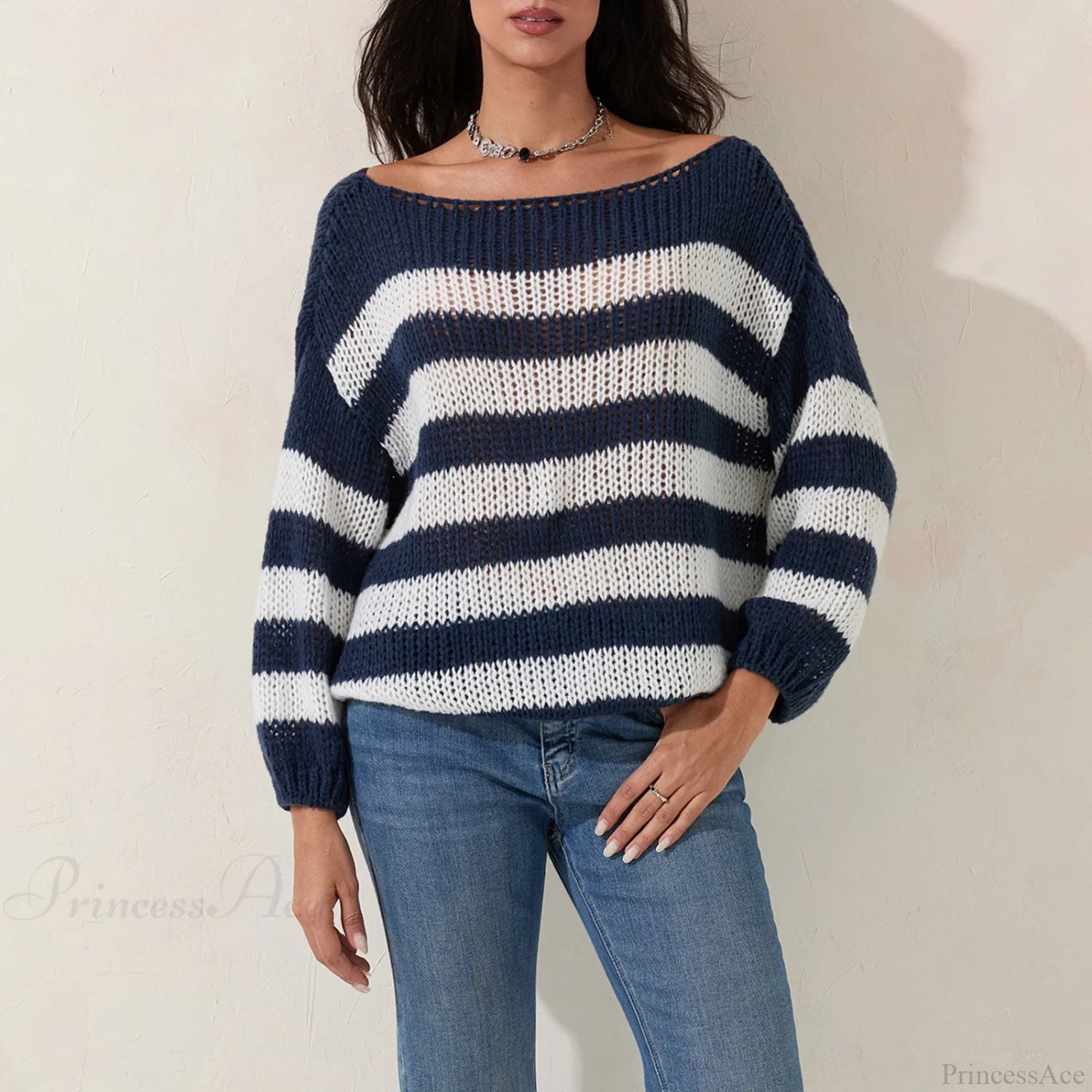 Vintage Striped Boat Neck Sweater Blue / S