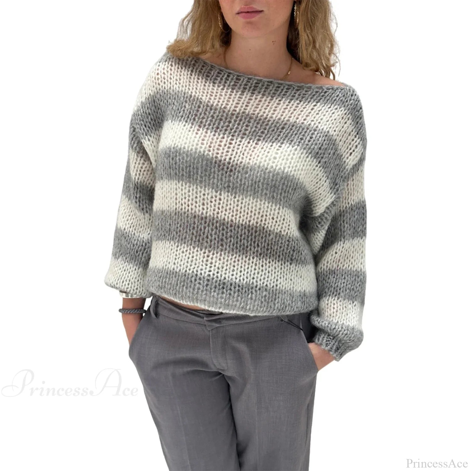 Vintage Striped Boat Neck Sweater GRAY / S