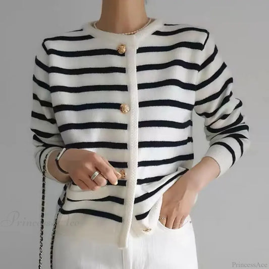 Vintage Striped Loose Knitting Simplicity Knit Cardigan Black / One Size cardiagn-250126