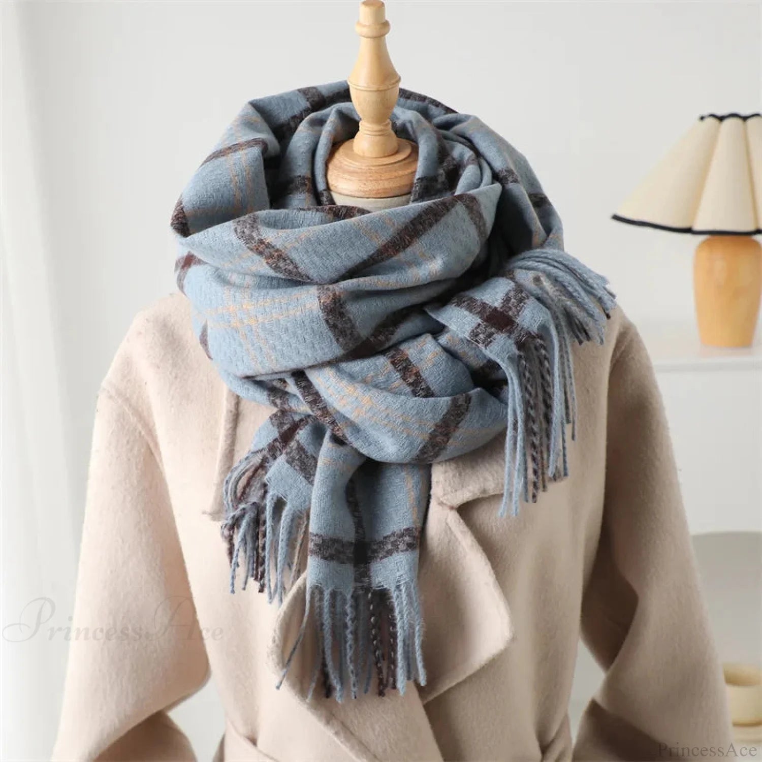 Vintage Style Cashmere Plaid Scarf - Unisex Winter Shawl Wrap Blue Scarfs-L