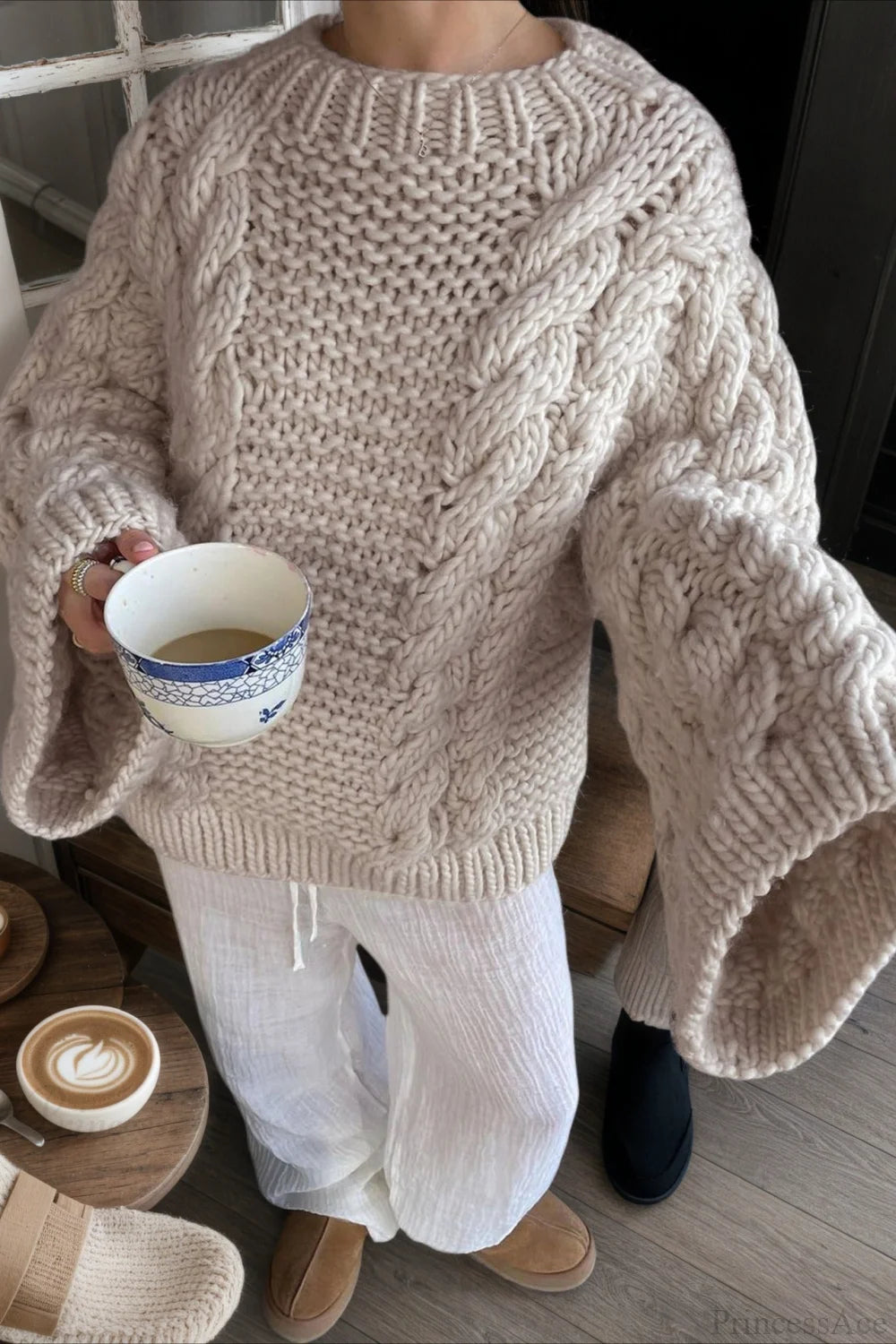 Vintage Stylish Crewneck Bell Sleeve Loose Sweater Apricot / XS