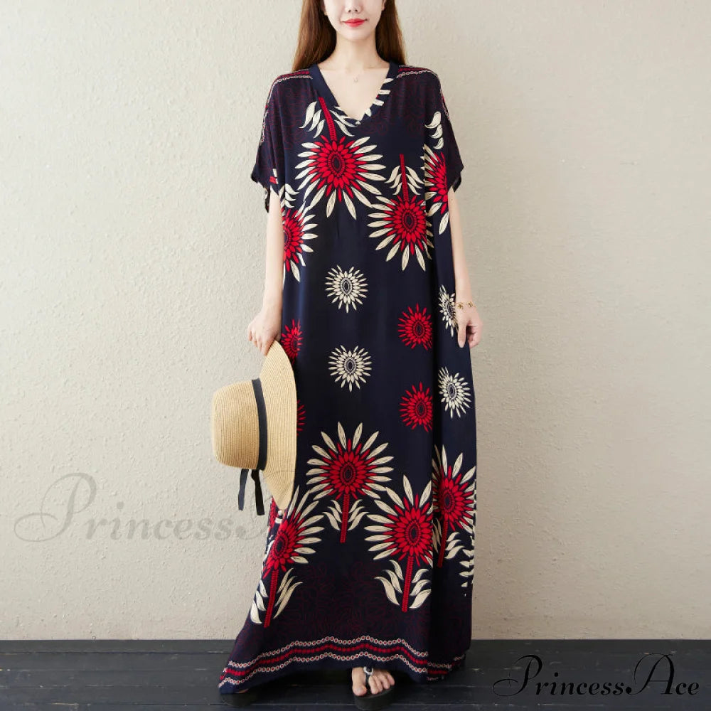 Vintage Summer Women Beach Dress With Oversized Floral Print Dresses