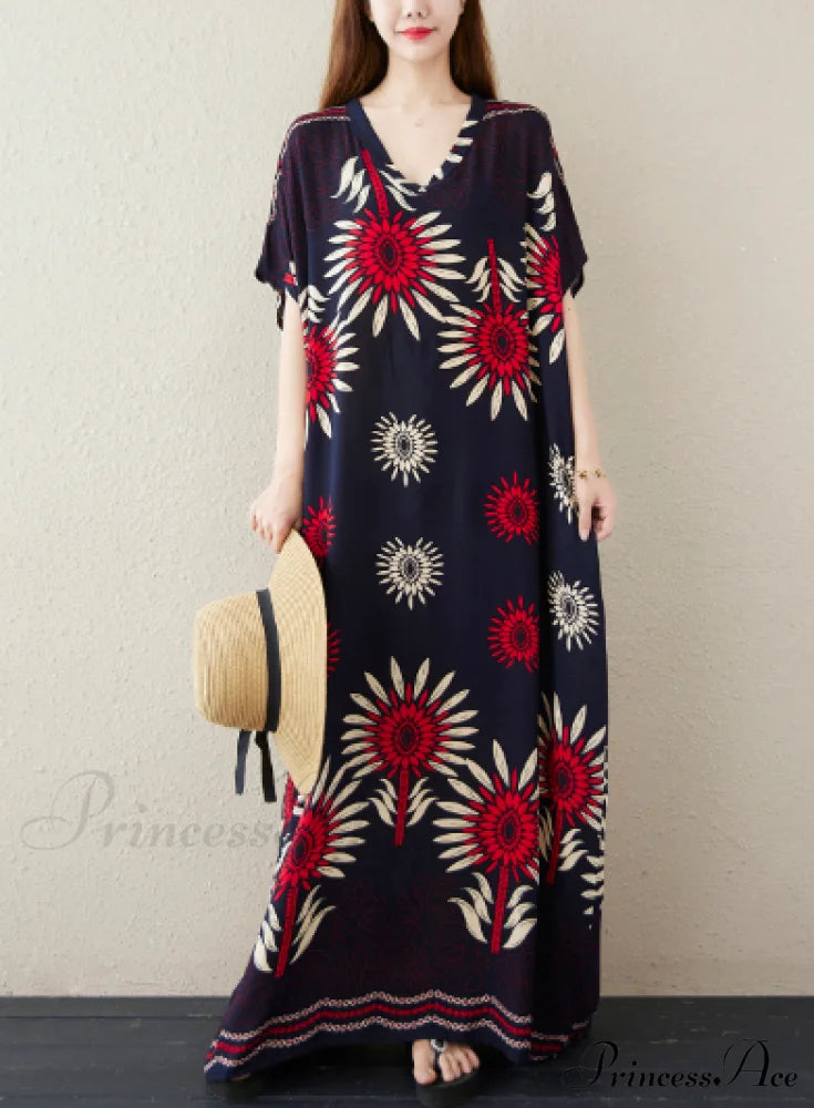 Vintage Summer Women Beach Dress With Oversized Floral Print Dresses