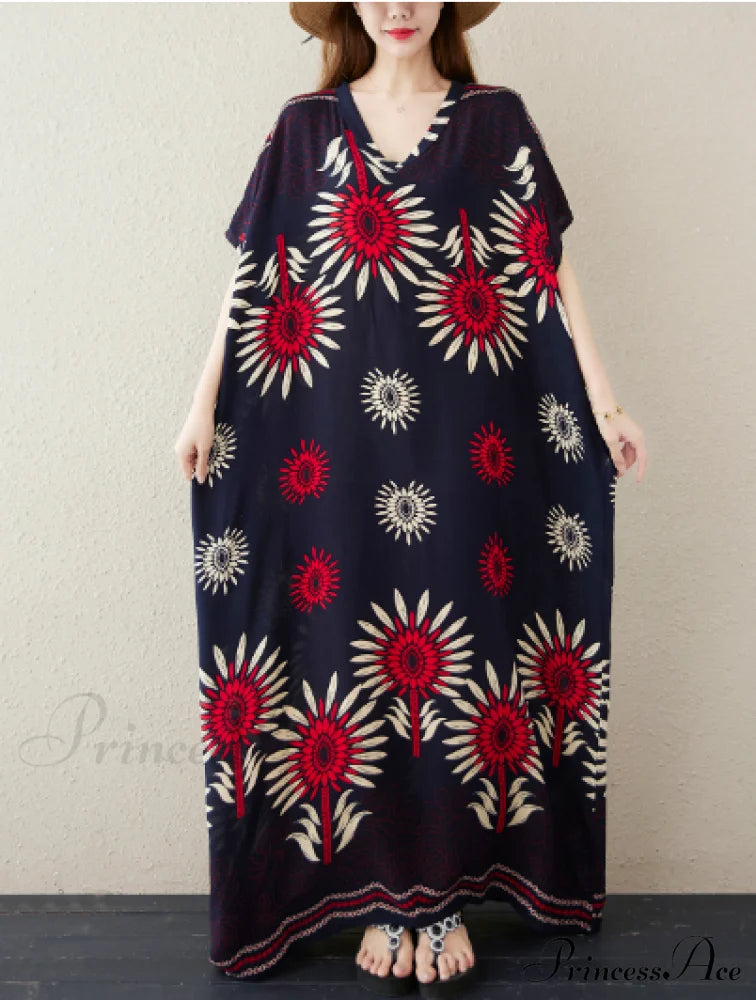 Vintage Summer Women Beach Dress With Oversized Floral Print Dresses