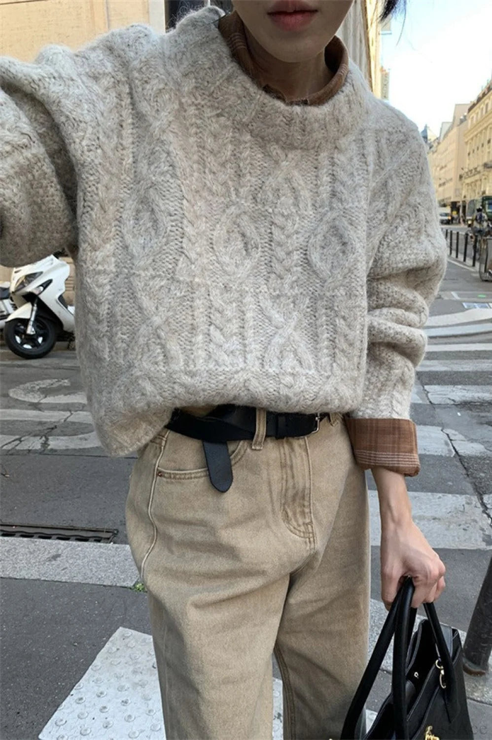 Vintage Thick Yarn Cable Loose Crew Neck Sweater