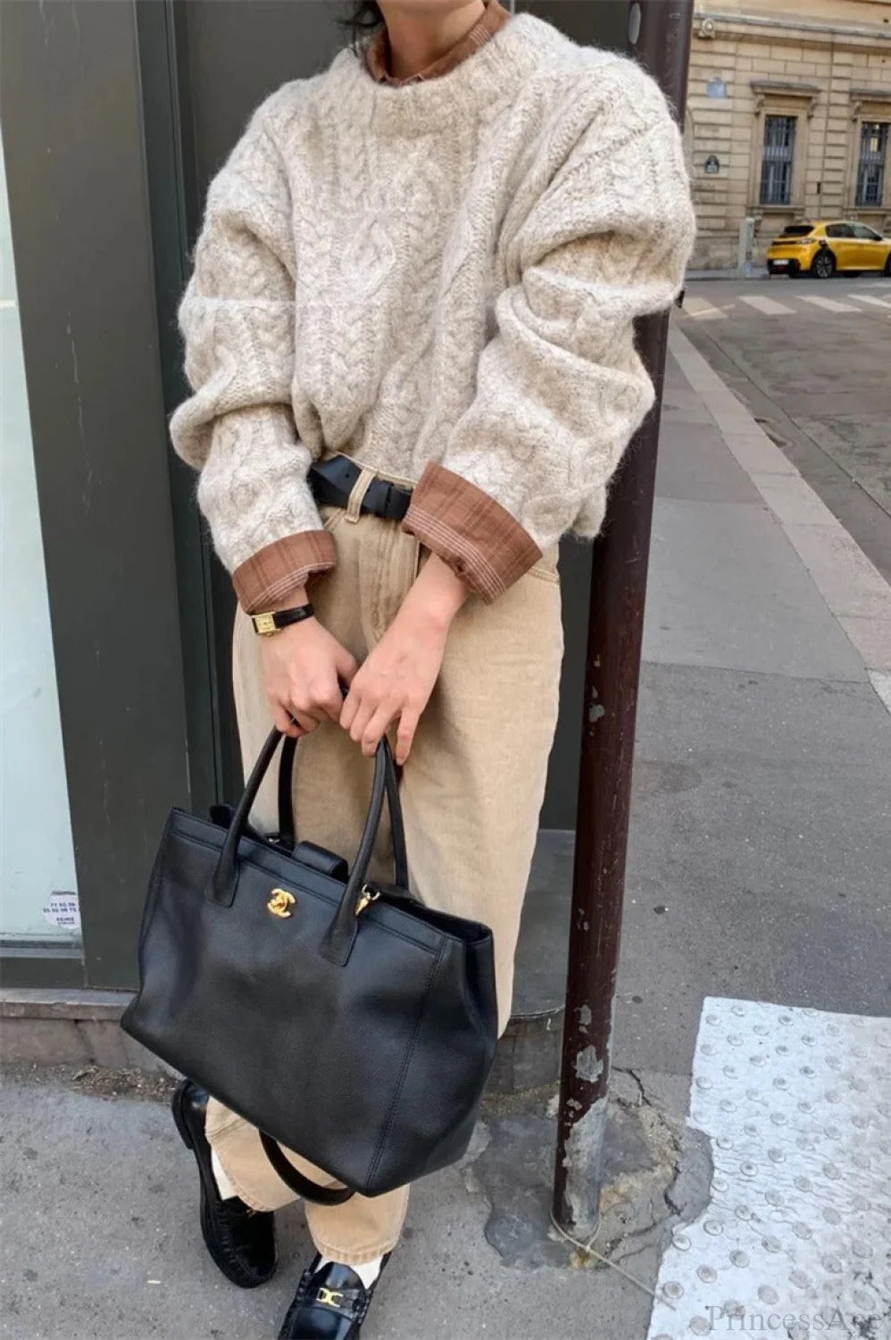 Vintage Thick Yarn Cable Loose Crew Neck Sweater Khaki / One size