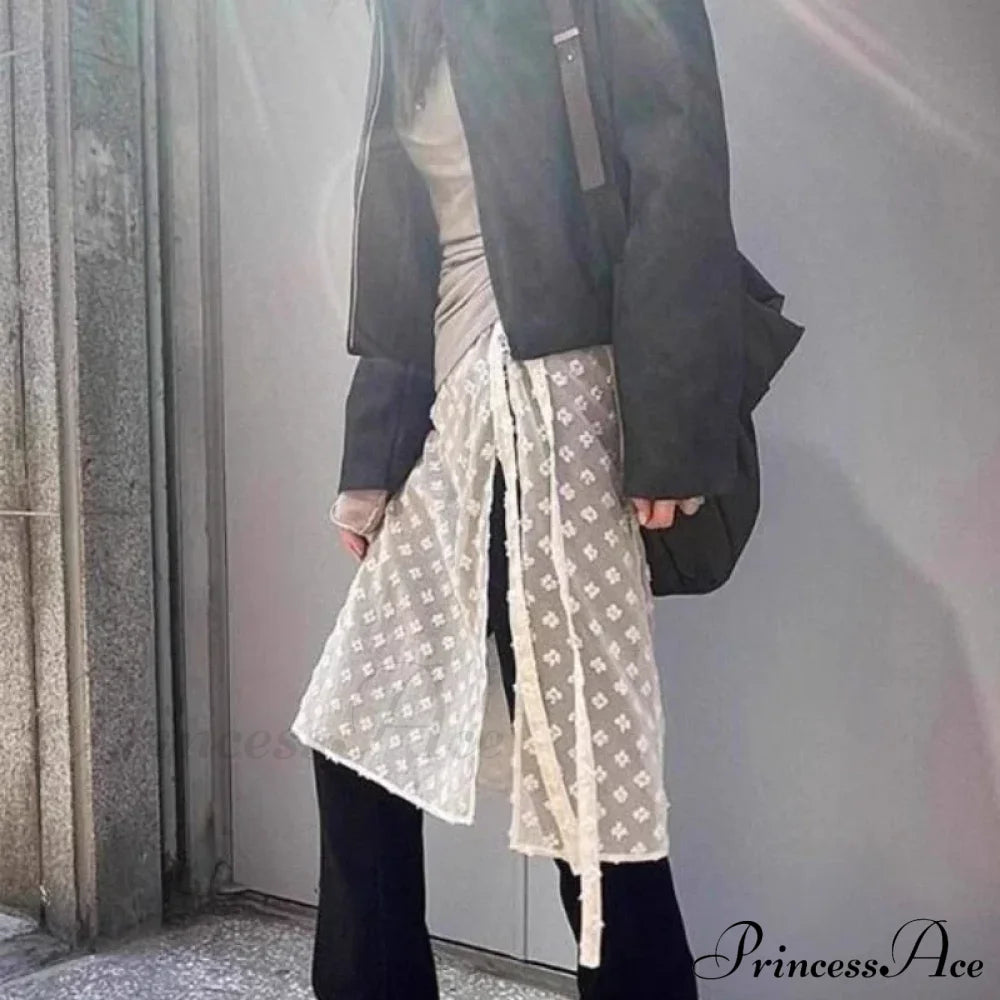 Vintage Tulle Lace Up Flower Mesh Overlay Casual Skirt White / One Size