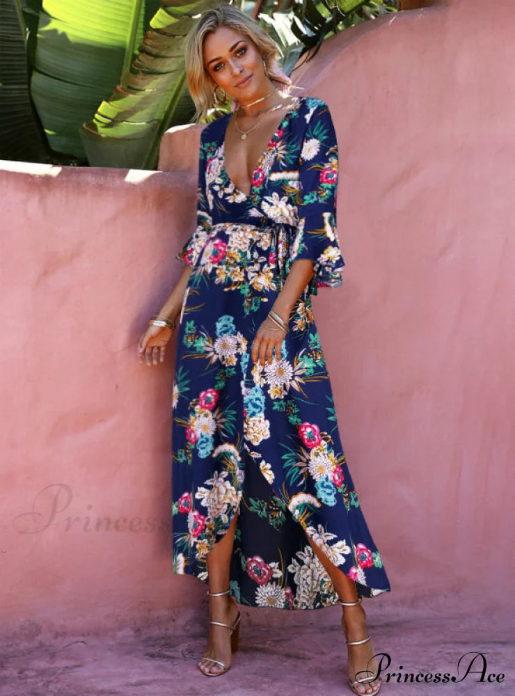 Vintage V Neck Floral Print Summer Maxi Dress For Women M / Green Party Dresses-L