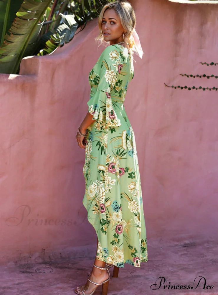 Vintage V Neck Floral Print Summer Maxi Dress For Women S / Blue Party Dresses-L