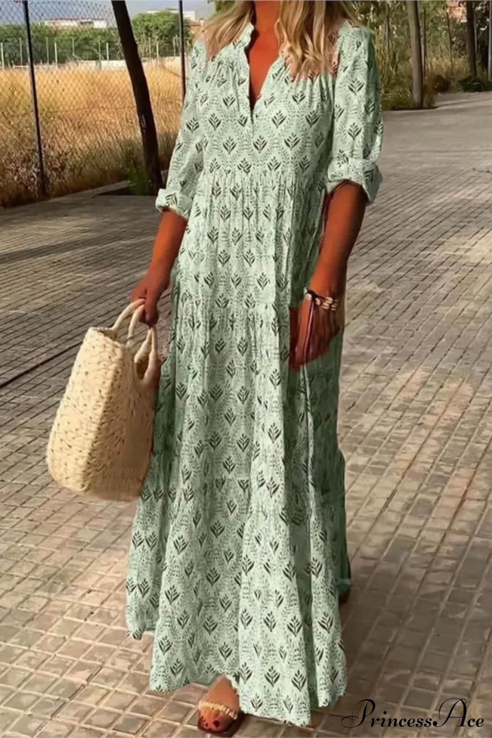 Vintage V-Neck Flower Printed Maxi Boho Dress