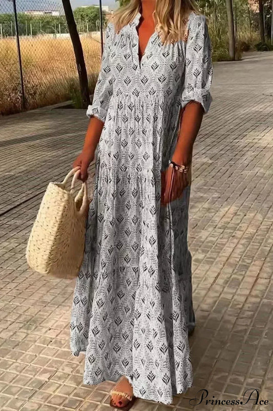 Vintage V-Neck Flower Printed Maxi Boho Dress Gray / S