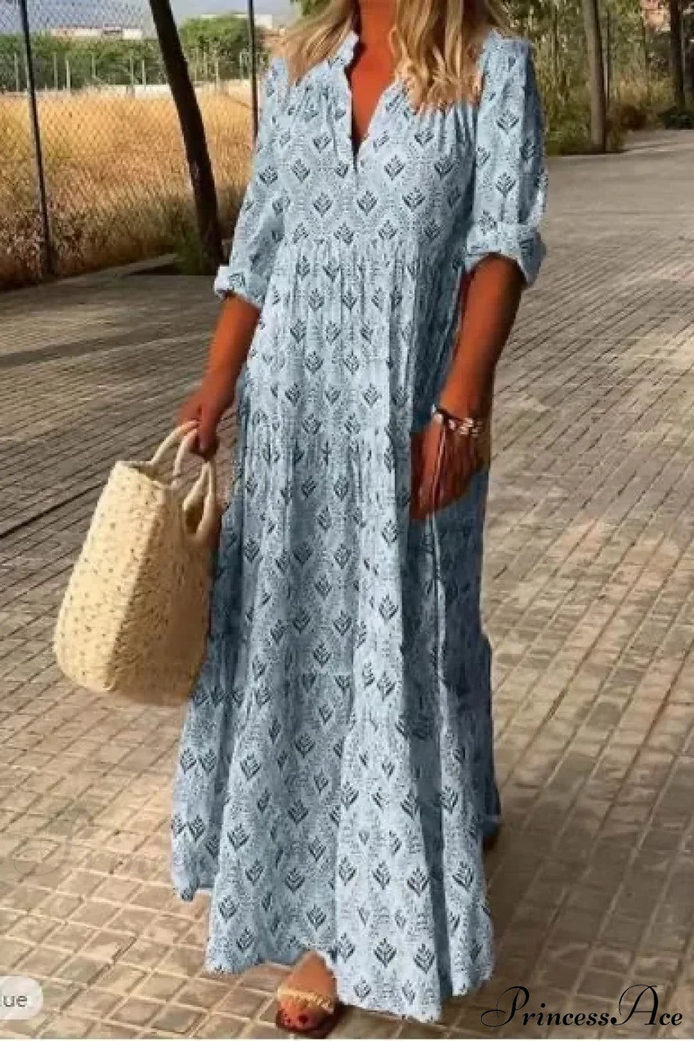 Vintage V-Neck Flower Printed Maxi Boho Dress Sky Blue / S