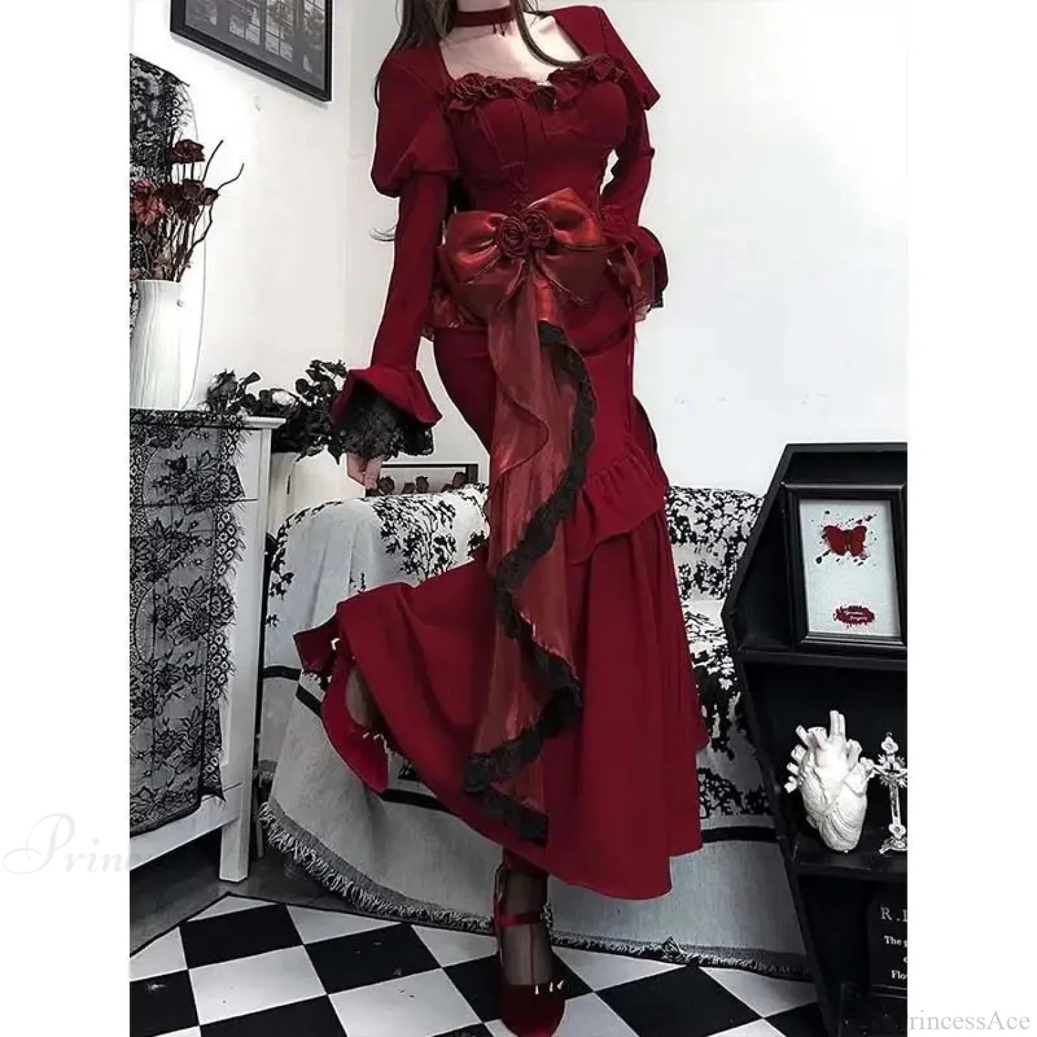 Vintage Velvet Tall Waist Rebel Midi Dress Red / XS