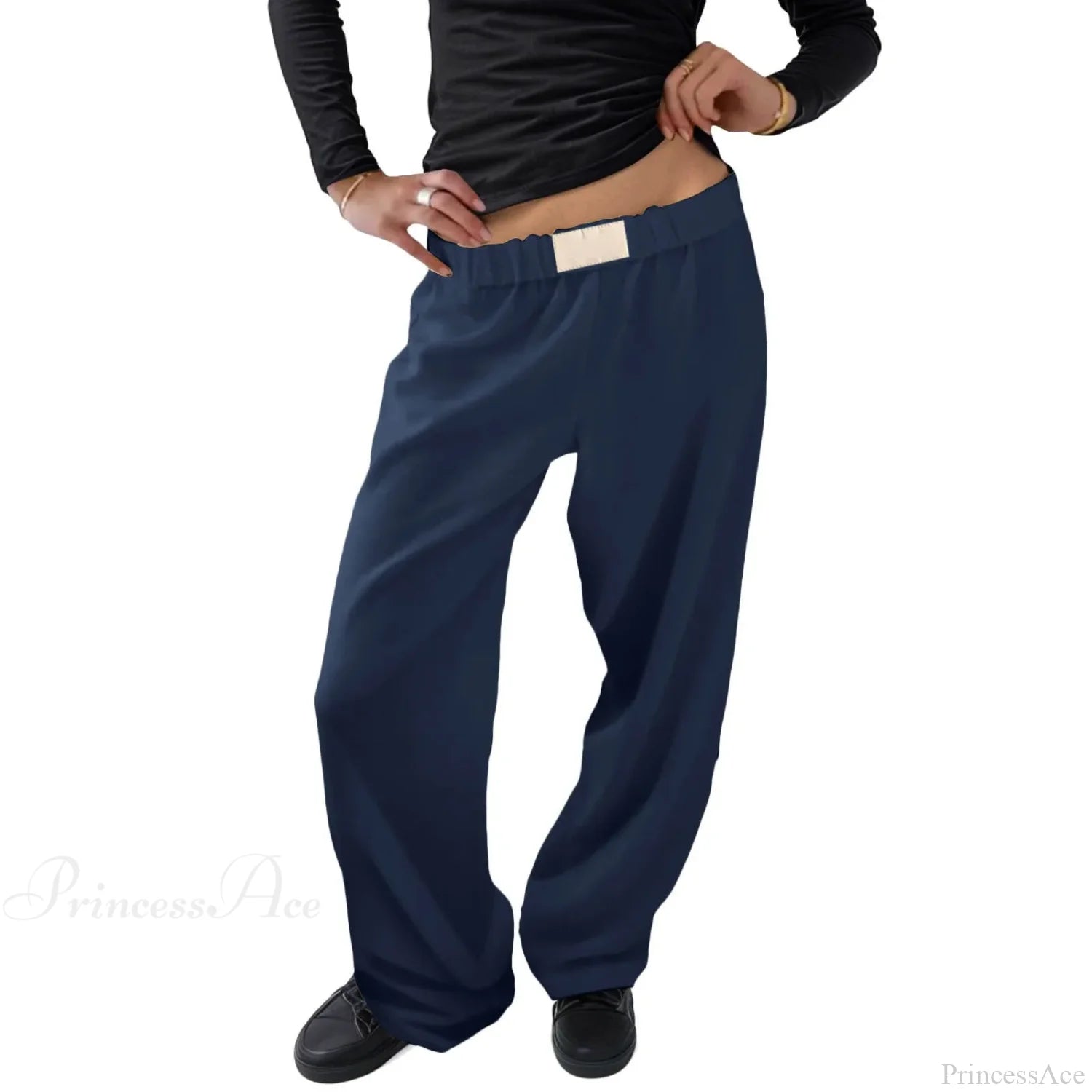 Vintage Wide Leg Drawstring High Waist Pants Dark Blue / XS