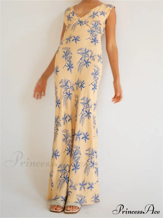 Vintage Women Sleeveless V-Neck Backless Flower Print Summer For Vacation Party Female Vestidos
