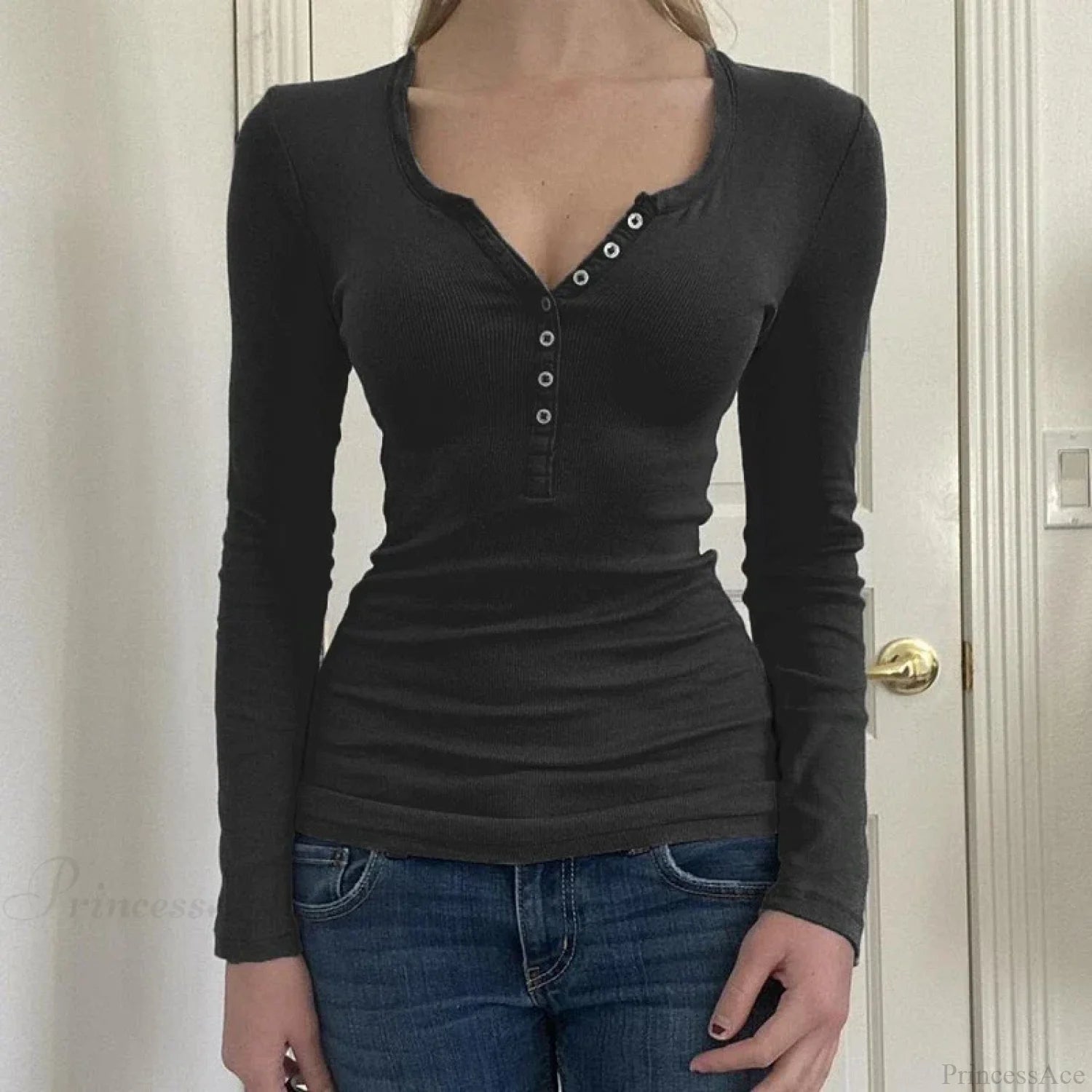 Vintage Y2K Basic Crop Top Grunge Button Slim Fit Knit Top Black / S knittop-250126