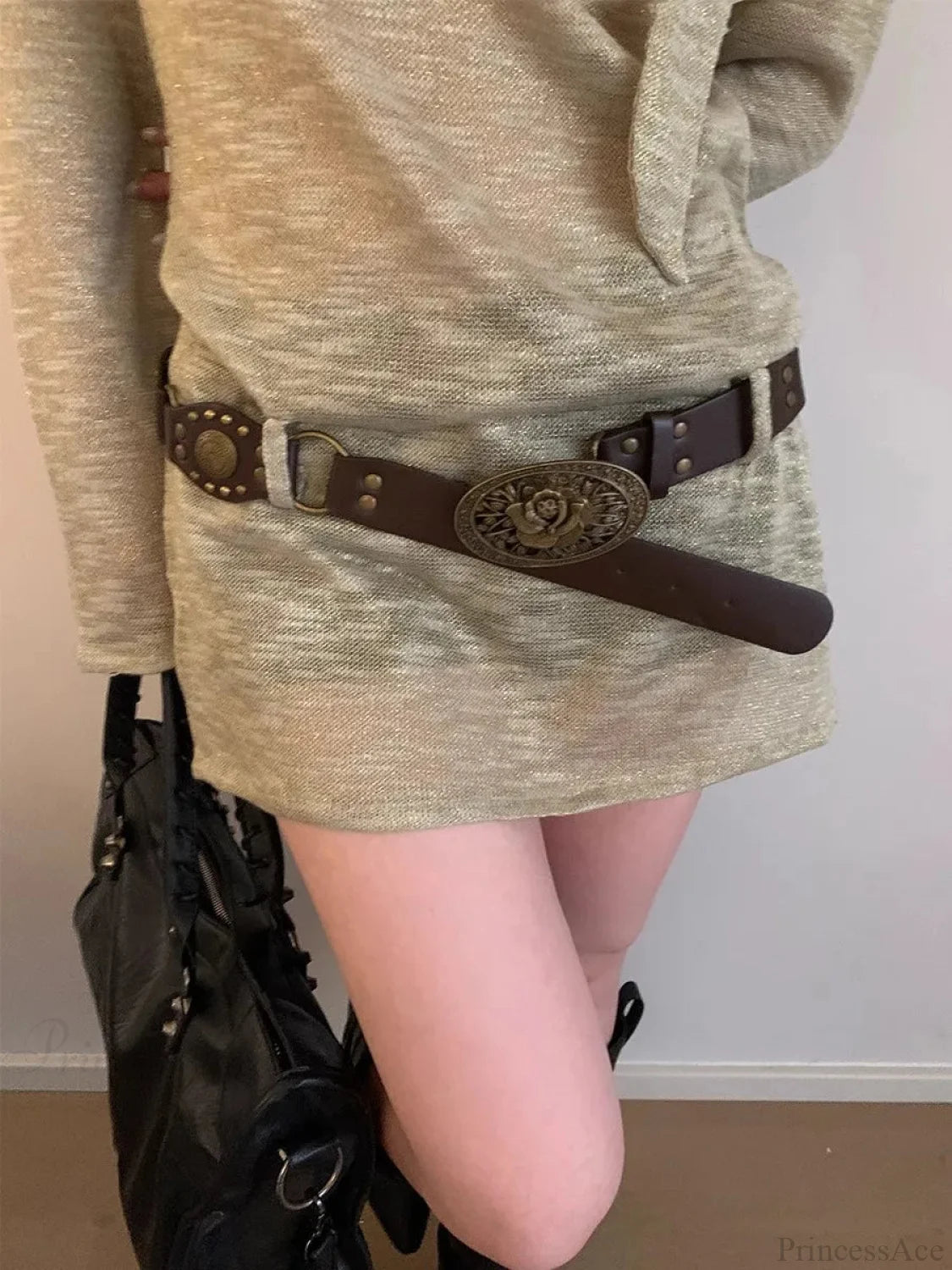 Vintage Y2K Dark Bohemian Wide Brown Belt Coffee / 105CM