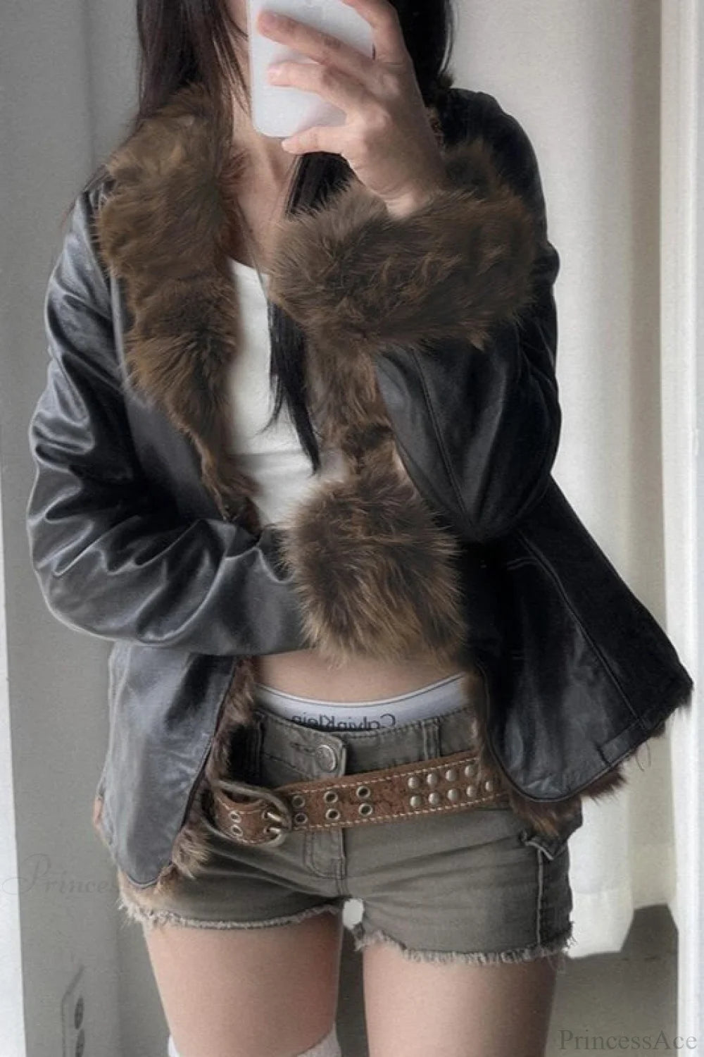 Vintage Y2K Furry Collar Leather Waist - Cinching Jacket
