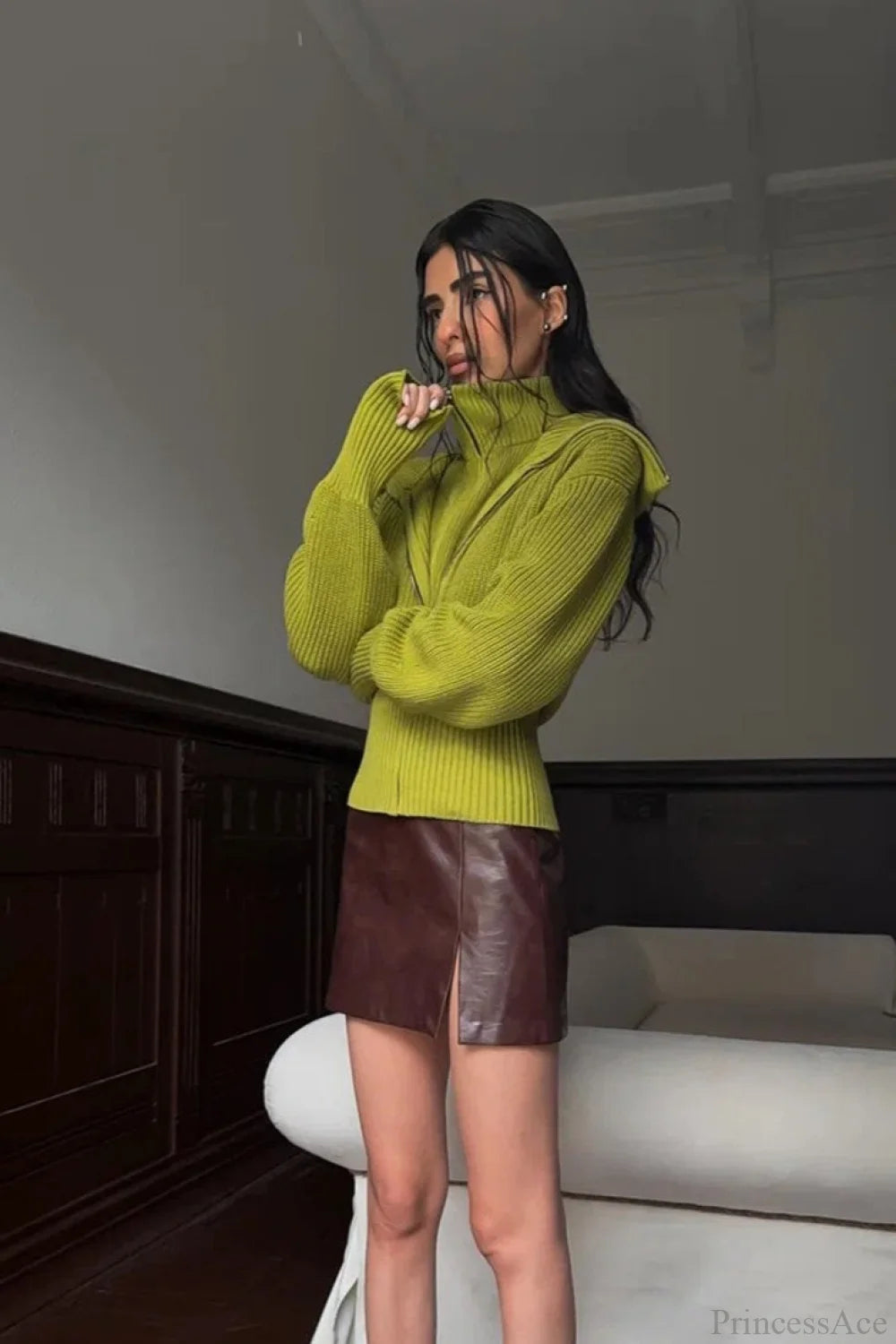 VintageTwo-in-one Solid Wide Lapel Zipper Sweater