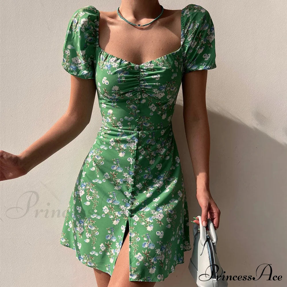 Waist Arm A-Line Puff Women’s V-Neck High Flowered Dress M / Blue Dresses