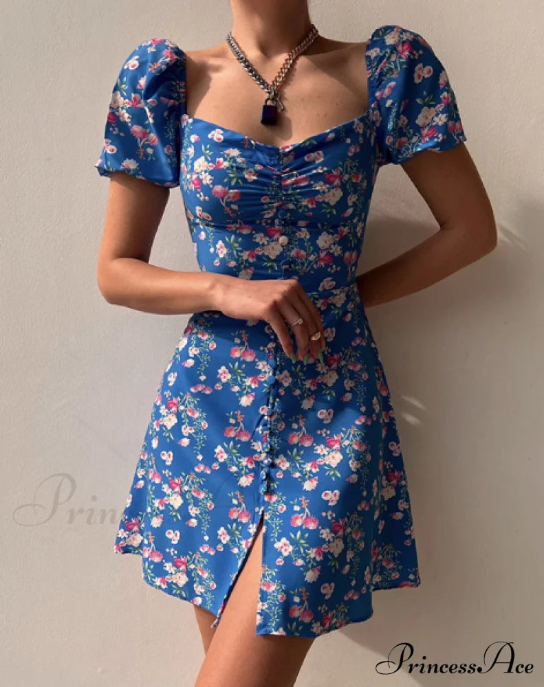 Waist Arm A-Line Puff Women’s V-Neck High Flowered Dress S / Blue Dresses