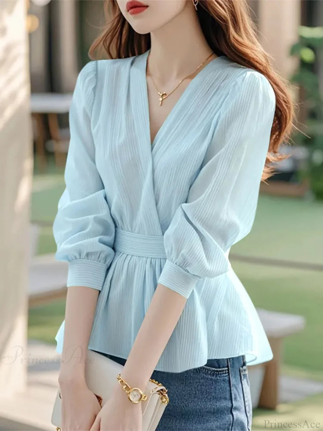 Waist-Cinched Striped Lantern Sleeve Tunic Blouse Blue / S blouse-250126
