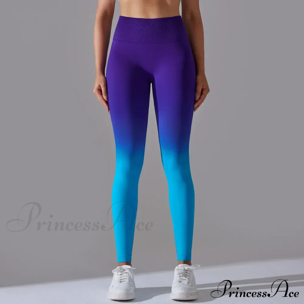 Waist Gradient Seamless Knitting Fitness Cycling Legging Dark Purple / S
