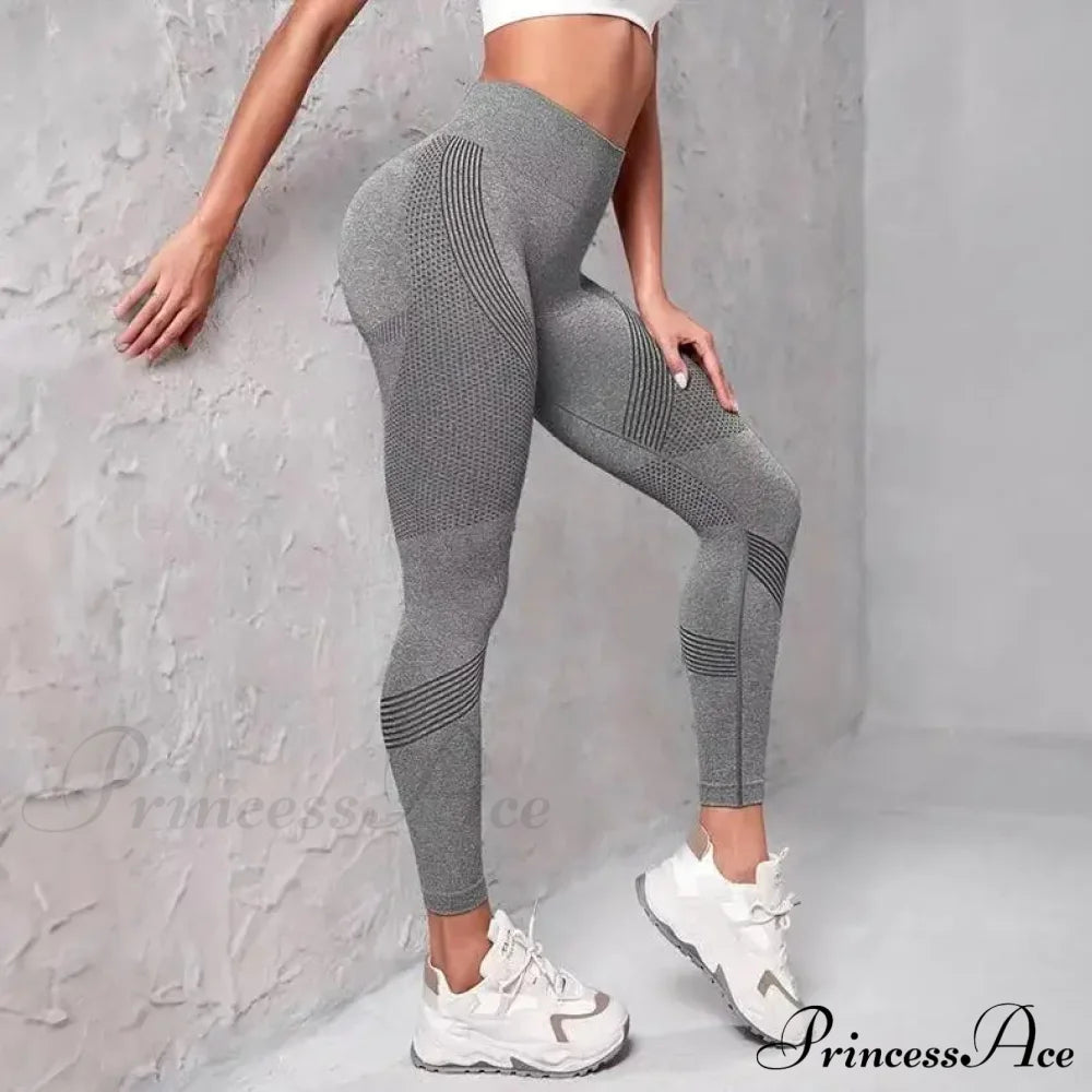 Waist Striped Mesh Fitness Outdoor Running Legging Gray / S