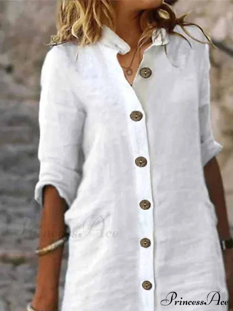 Warm-Season Black Spring Arm Fall Blouse White Gown S Half Green Women’s Midi Plain Casual Cotton