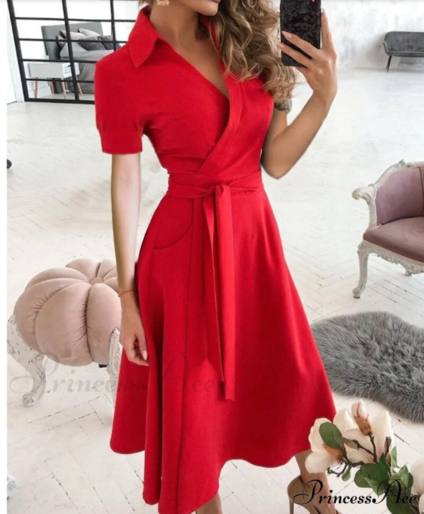 Warm-Season Retro Short-Sleeved V-Neck Gown Party Spring Patterned Fashion Belt Red / S