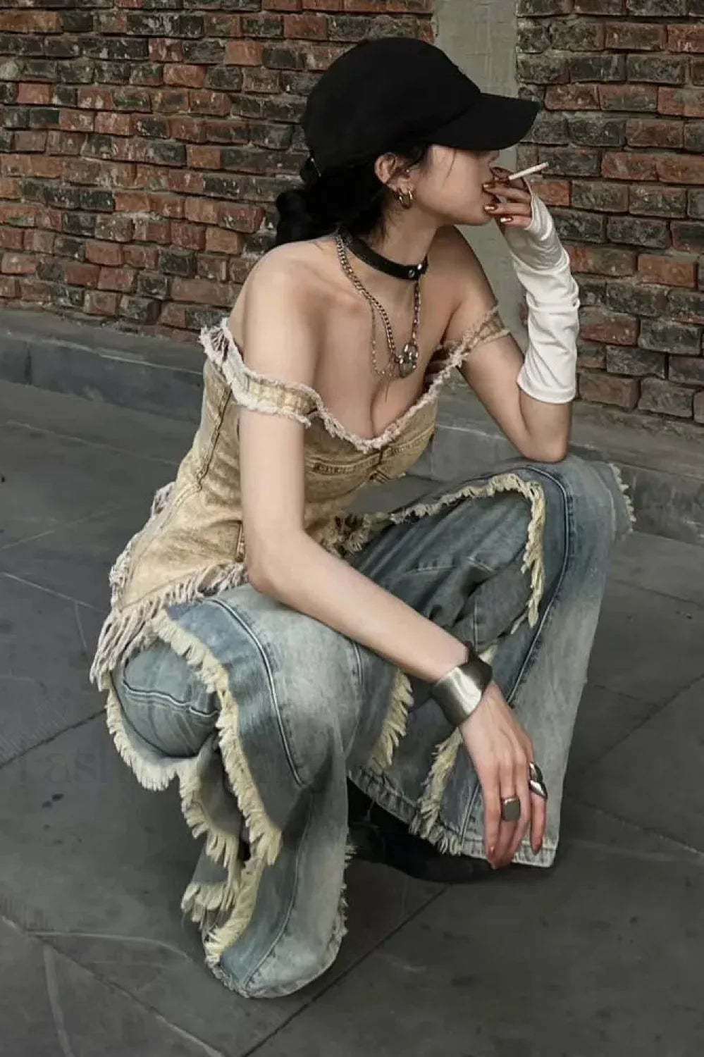 Washed Baggy Vintage Tassel Jeans