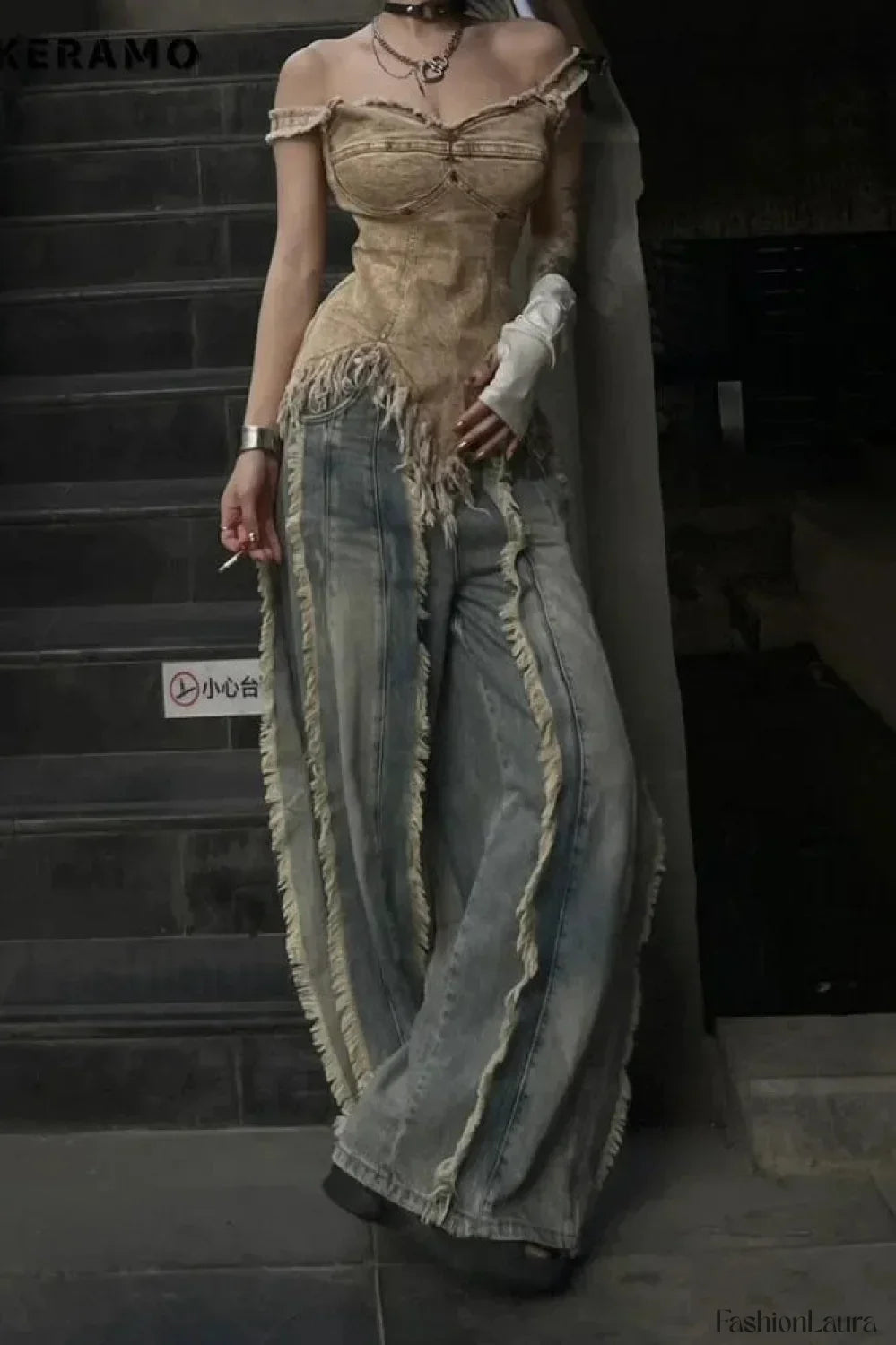 Washed Baggy Vintage Tassel Jeans